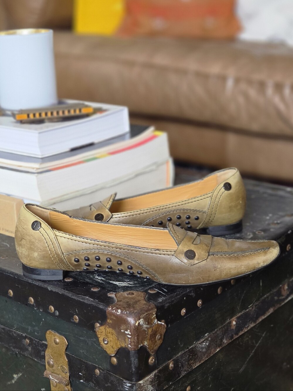 TOD'S Olive Green Leather Square Toe Slip-On Moccasin Loafers - Picture 9 of 10